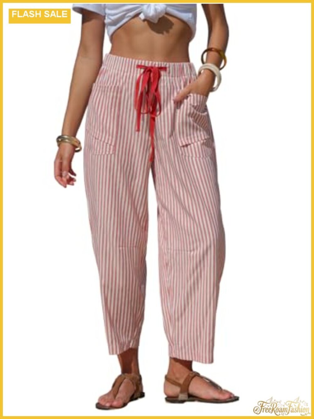Women Faux Linen Barrel Pants Striped Cropped Capris Pockets